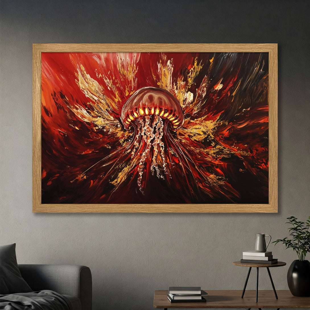 Framed Poster of a jellyfish in an abstract style with a red and gold color palette. Perfect wall art!