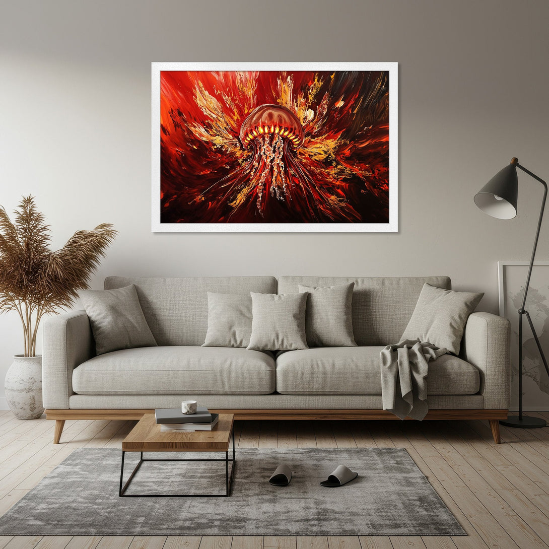 Framed Poster featuring an abstract jellyfish in fiery red and gold tones. Add a splash of art to your space!