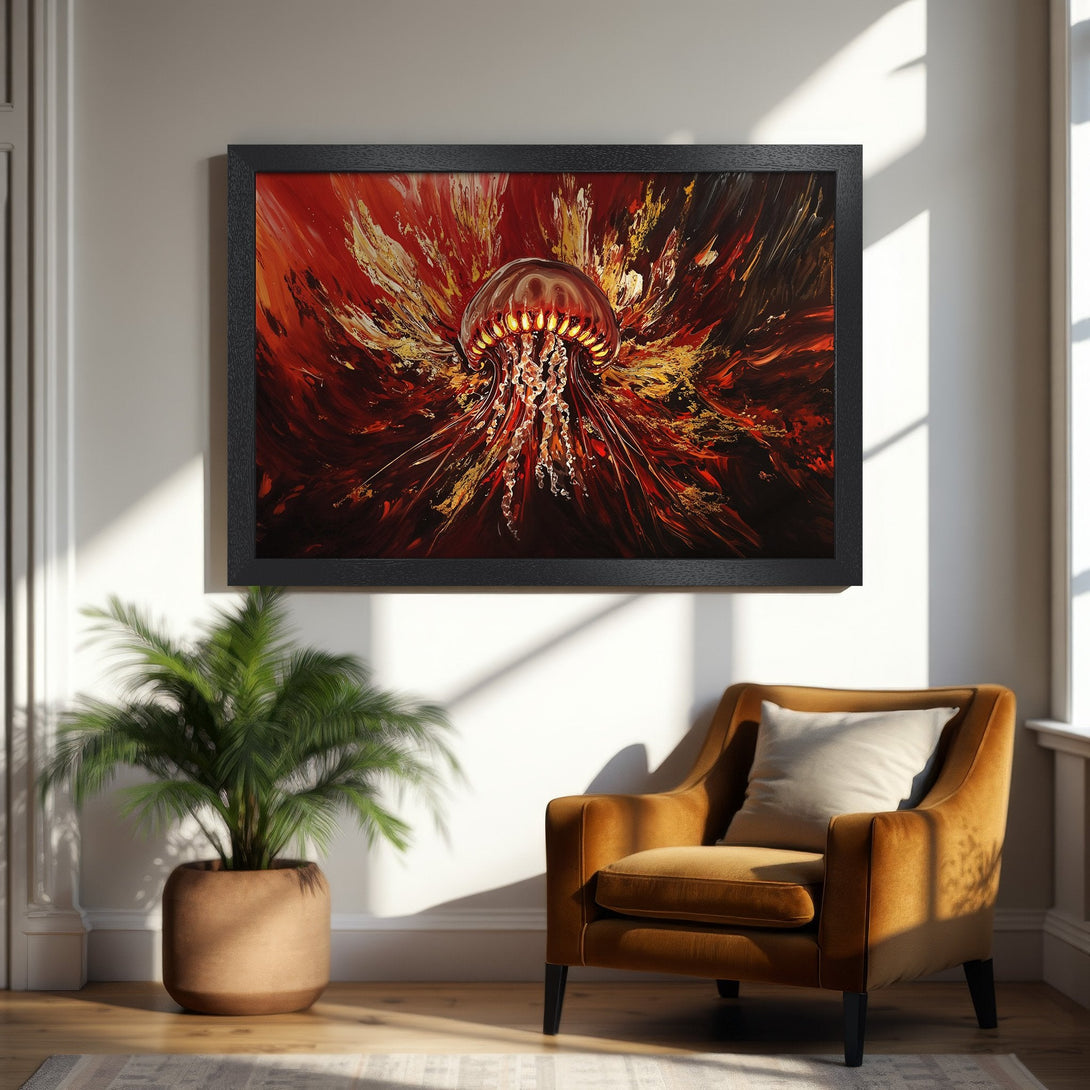 Framed Poster featuring a vibrant abstract jellyfish in red, gold, and black. Perfect wall art for a modern home!