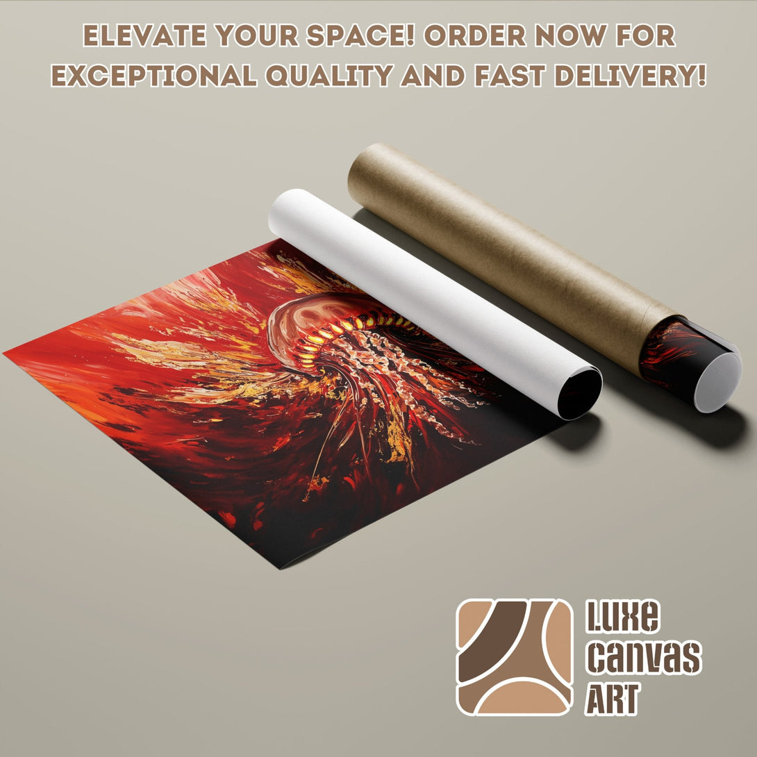 Abstract jellyfish art Poster Roll in red and gold tones. Elevate your space!
