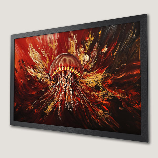 Framed Poster featuring an abstract jellyfish in fiery red, gold, and black tones. Modern art print for your wall.
