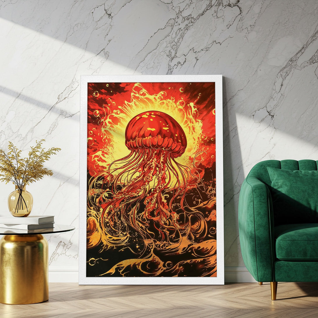 Framed Poster featuring a vibrant, stylized jellyfish art print in a warm red and yellow color palette, perfect for adding a pop of color.