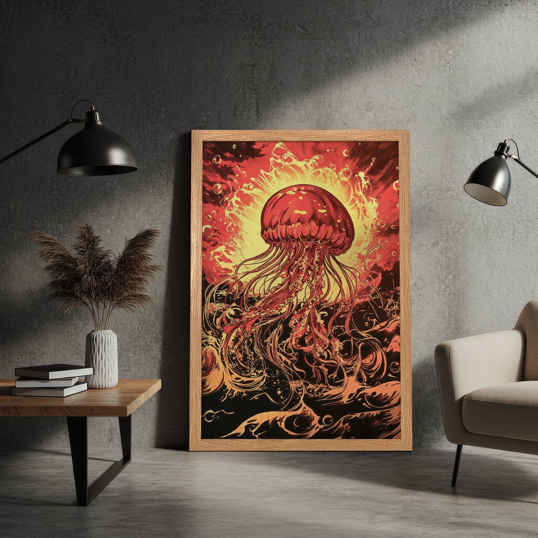 Framed Poster featuring a vibrant jellyfish illustration in red and yellow tones. Unique art style for modern home decor.