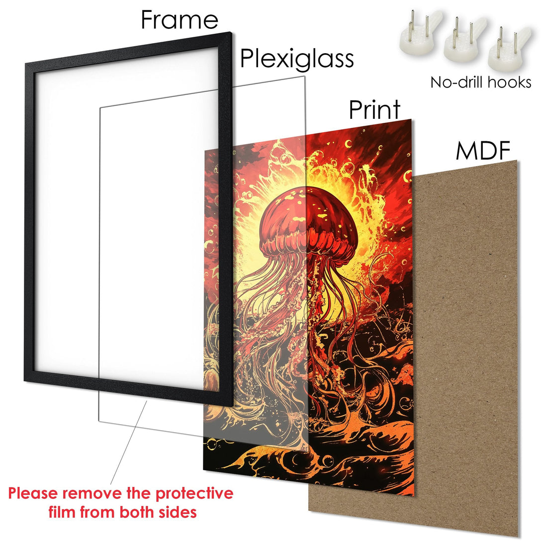 Framed Poster featuring a stylized jellyfish in fiery red and orange tones. Perfect wall art for any space!
