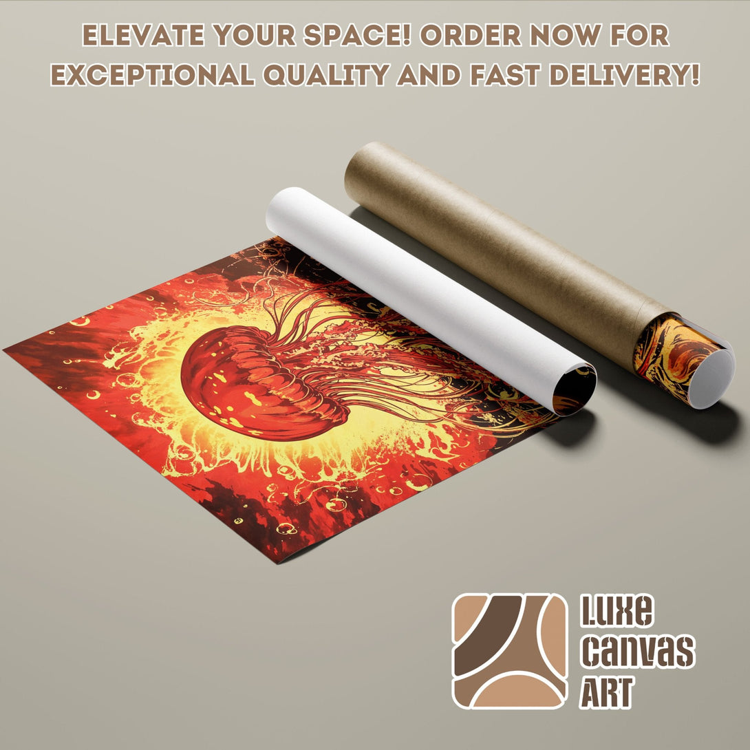 Poster Roll featuring a vibrant jellyfish art print in warm red and yellow tones.
