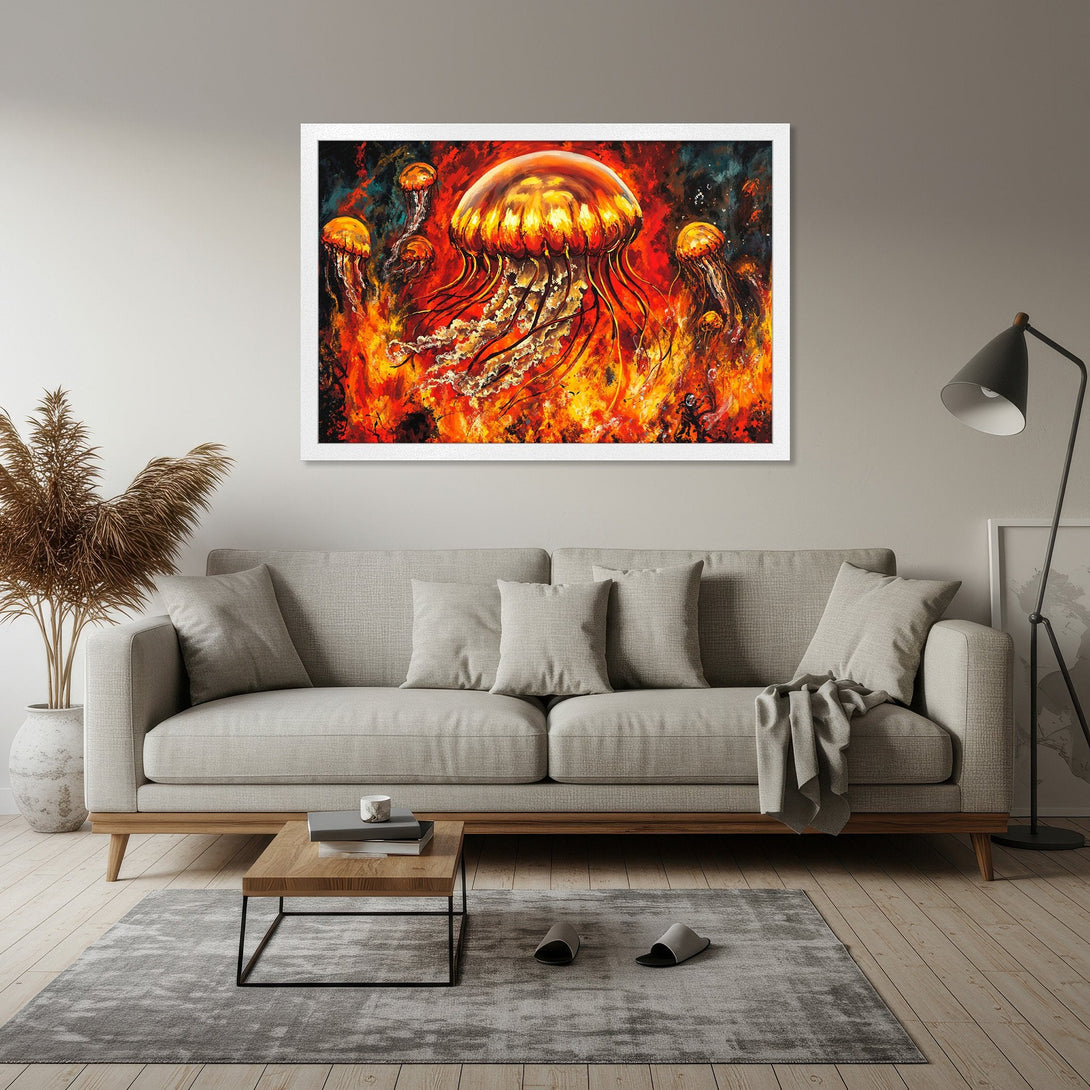 Framed Poster of vibrant jellyfish art in fiery orange and red tones. Perfect for adding a bold statement to your space!