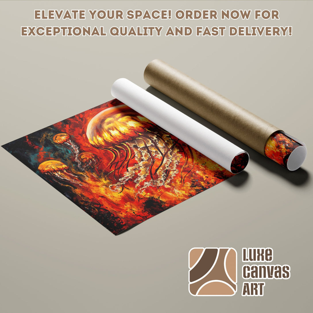 Poster Roll featuring vibrant jellyfish art, fiery color palette. Elevate your space with this stunning poster!