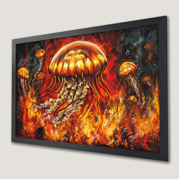Framed Poster featuring vibrant jellyfish art in a fiery, expressive style. Bold red, orange, and yellow color palette. Add a touch of art to your space!