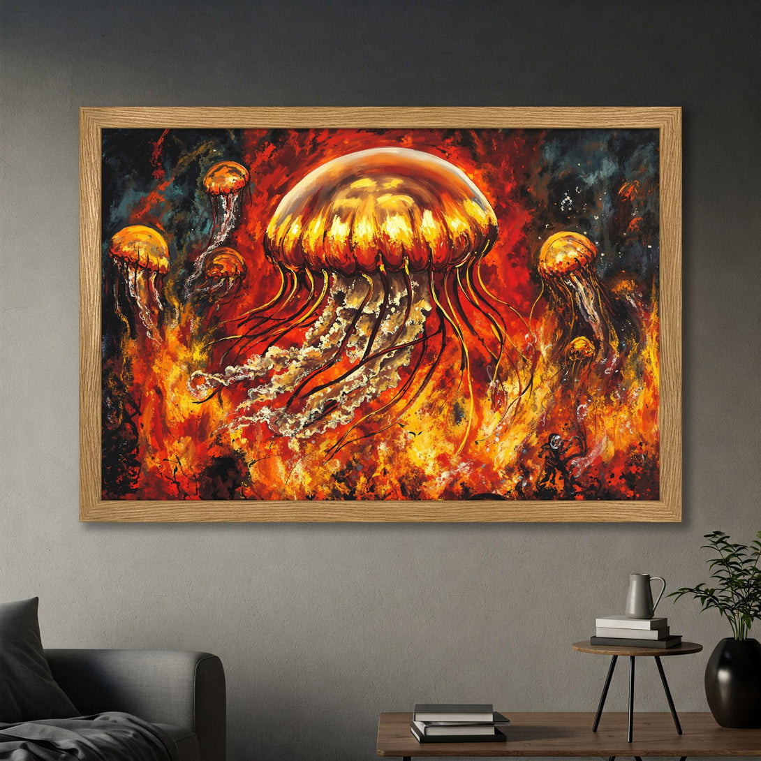 Framed Poster featuring vibrant jellyfish art in a fiery, abstract style. Bold red, orange, and yellow color palette for a striking look.