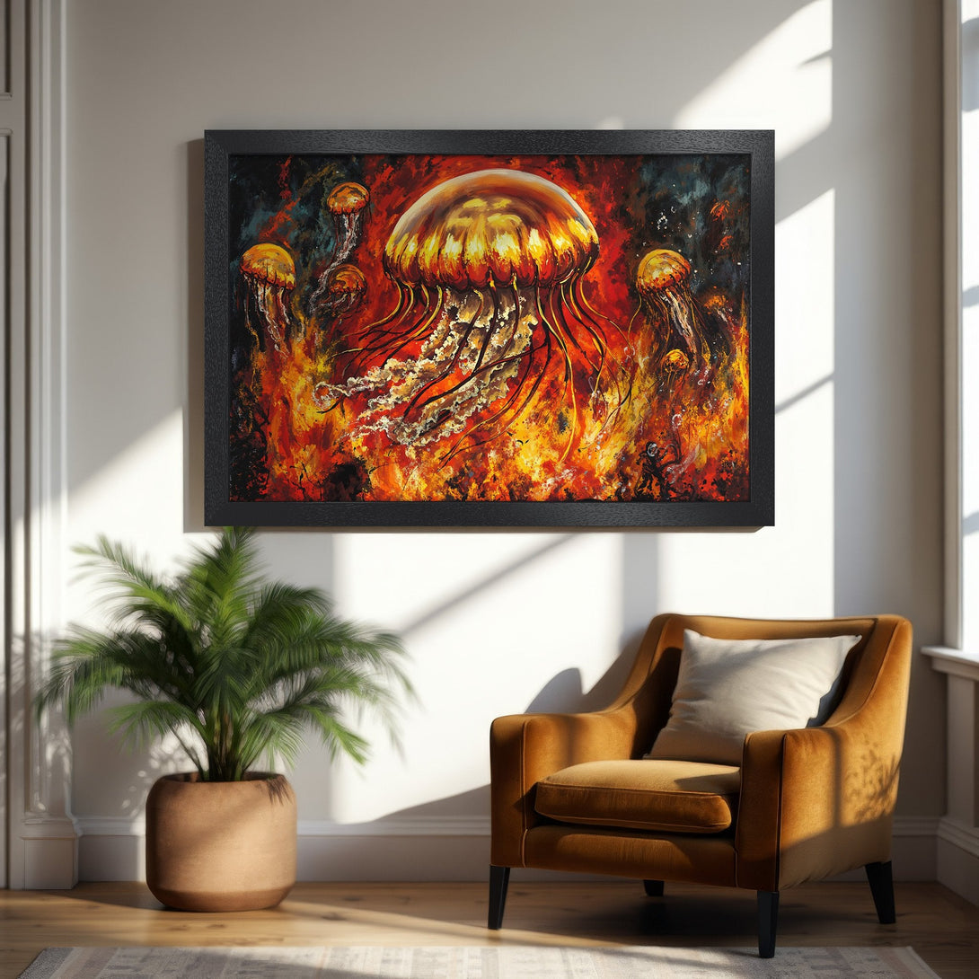 Framed Poster featuring vibrant jellyfish art in fiery orange and red hues, perfect for adding a bold statement to your space.