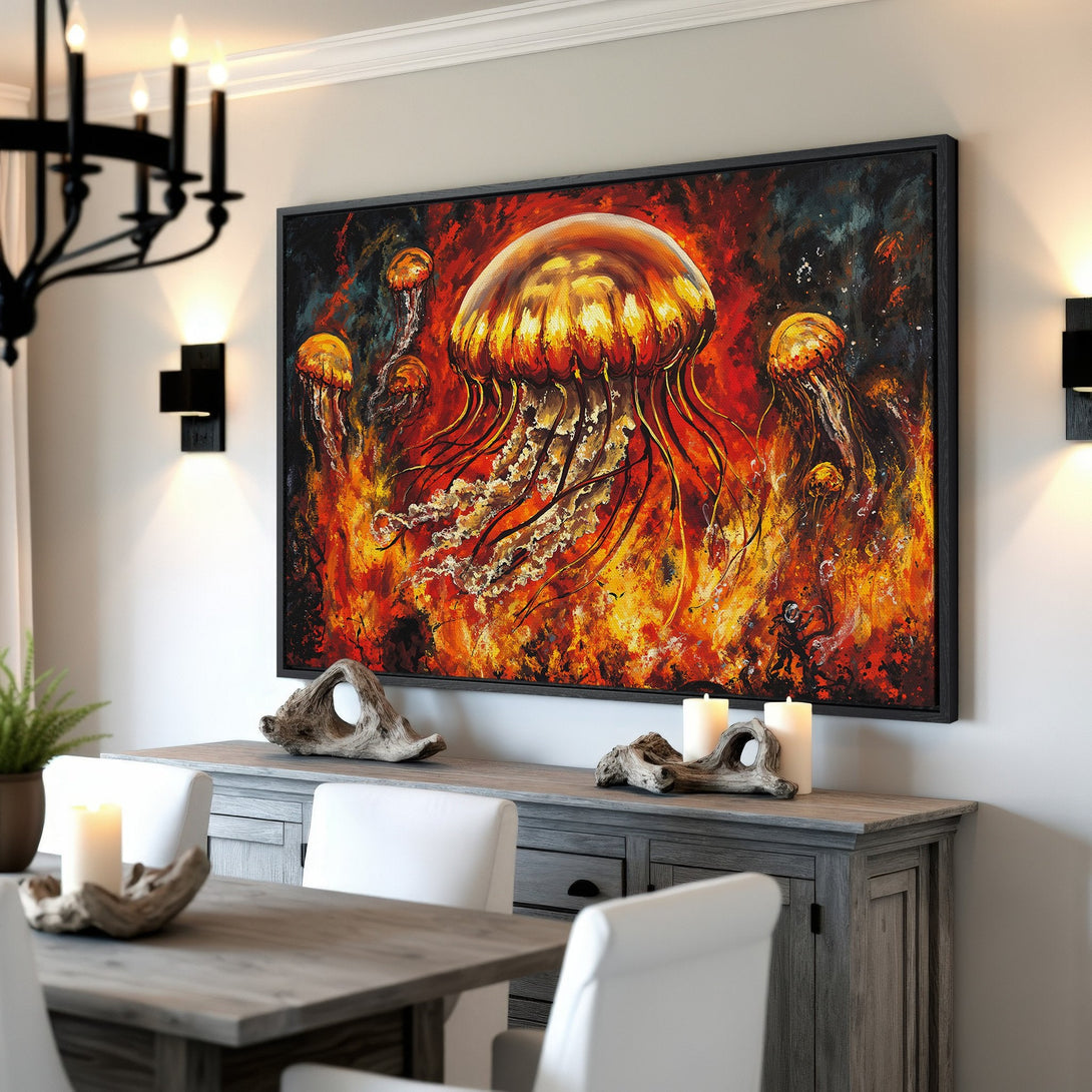 Framed Wall Art: Vibrant jellyfish painting in fiery orange and red tones. Modern abstract art perfect for adding a pop of color to your home decor.