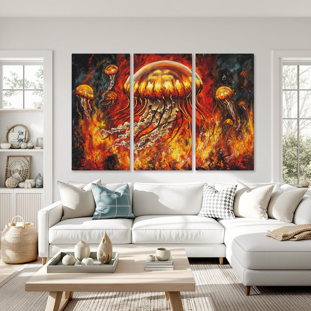 Vibrant Canvas Print of jellyfish art in fiery orange and red hues. Modern abstract style, perfect for living room decor.
