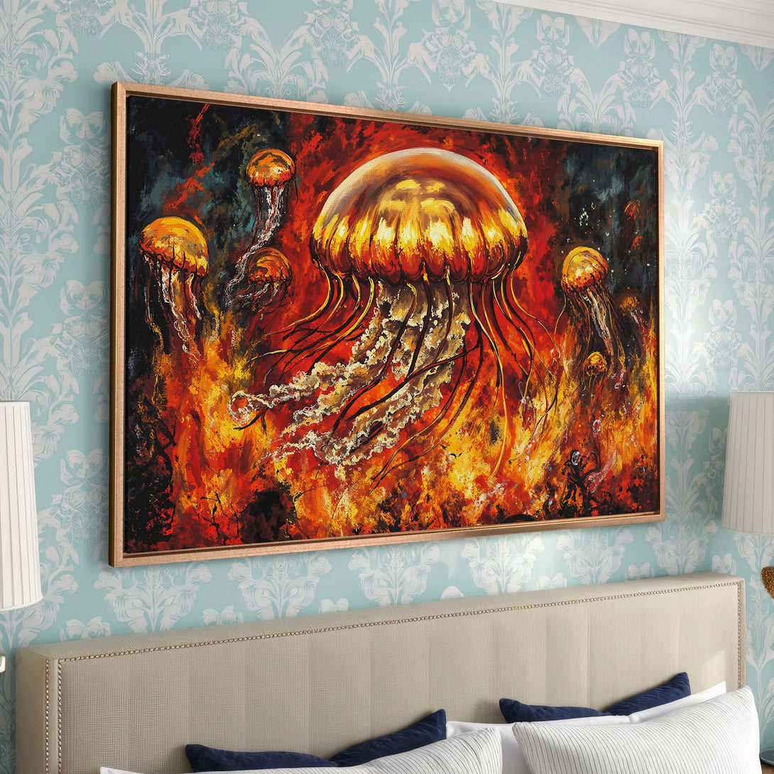 Framed Wall Art featuring an abstract jellyfish painting in fiery orange and yellow tones. Adds a bold statement to any interior.