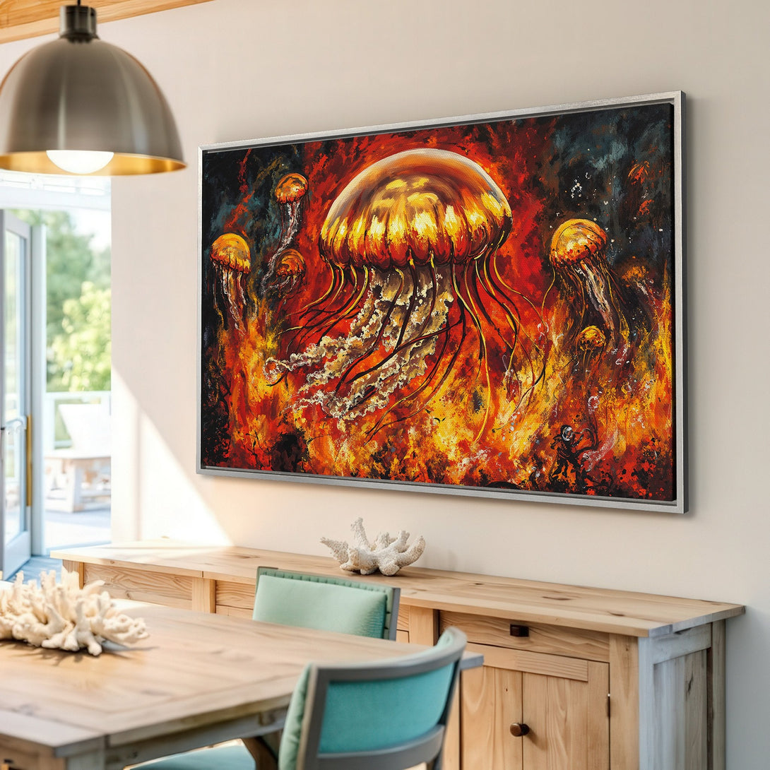 Framed Wall Art featuring vibrant jellyfish in fiery hues. Add a bold statement to your space with this stunning abstract canvas print.