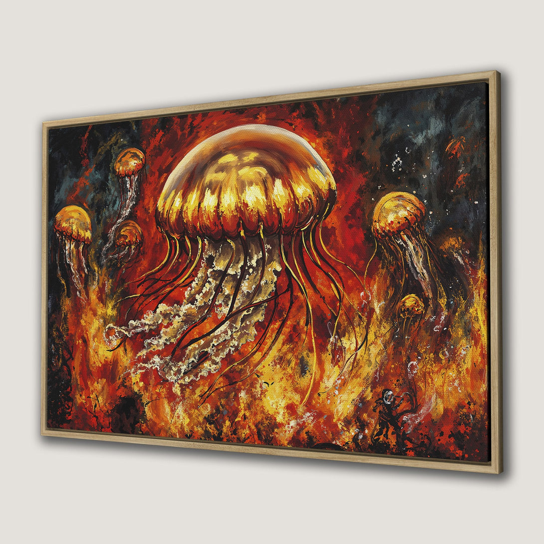 Framed Wall Art: Abstract jellyfish painting in fiery orange, red, and gold hues. Add a unique touch to your space with this vibrant canvas print.