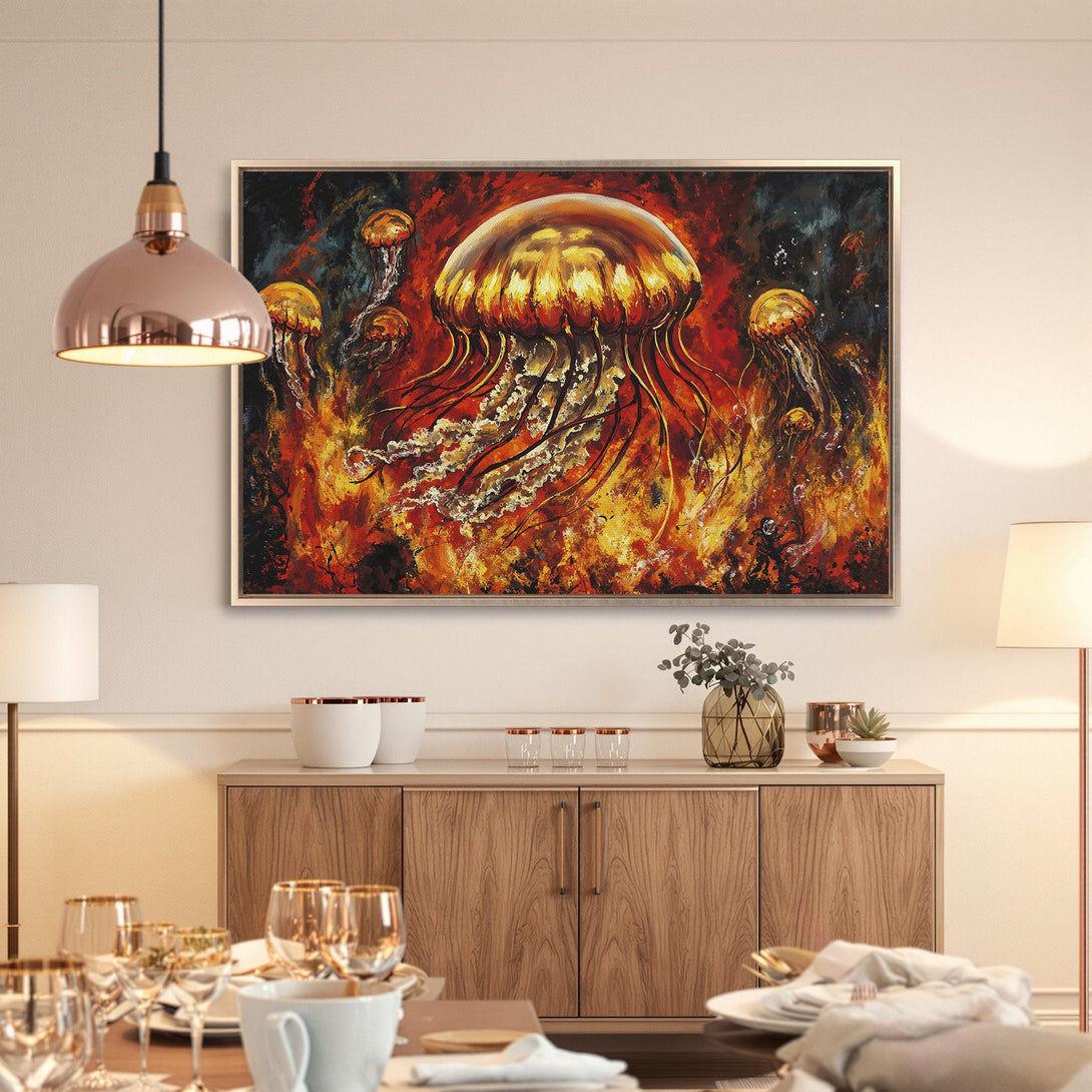 Framed Wall Art of vibrant jellyfish in fiery red and gold tones. Modern abstract style Canvas Print, perfect for adding a pop of color to your home decor.