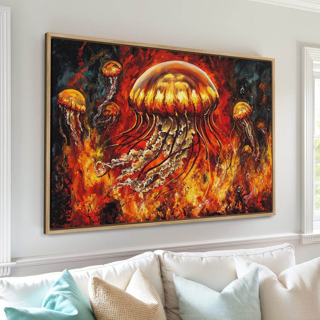 Framed Wall Art featuring vibrant jellyfish in a fiery, abstract style. Bold orange and red color palette adds a dramatic touch to any space.