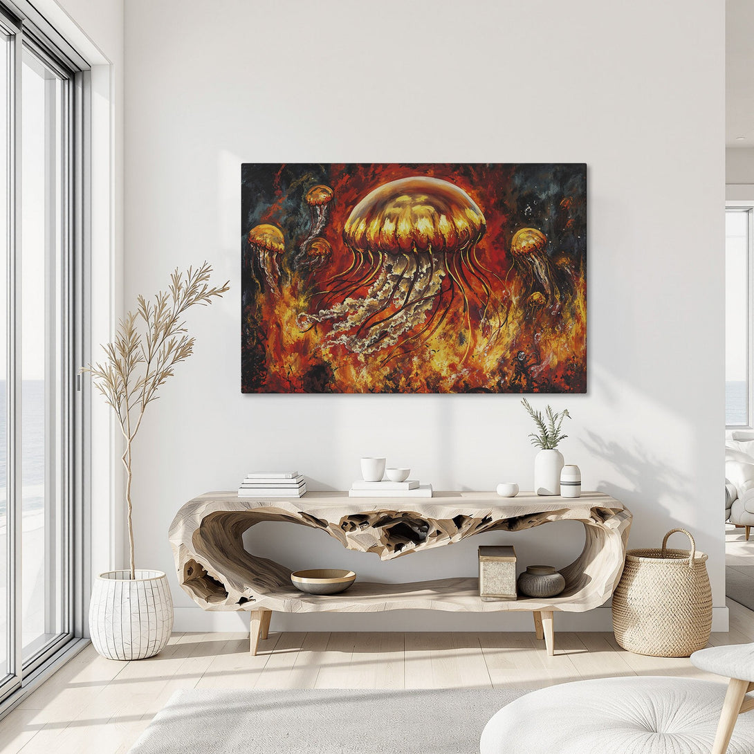 Framed Wall Art: Stunning jellyfish painting in fiery orange and red hues. Dramatic abstract style canvas print, perfect for modern home decor.