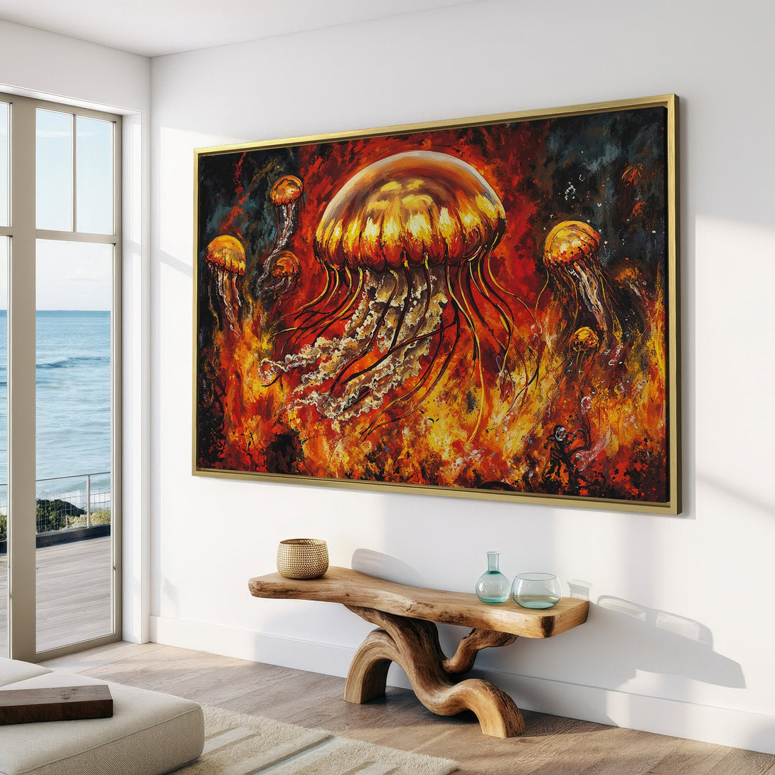 Canvas Print of vibrant jellyfish art in a warm, fiery color palette. Modern wall decor for a stylish interior.