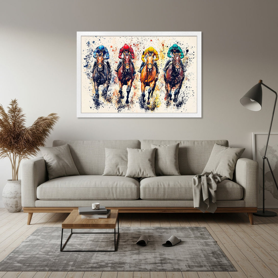 Framed Poster of horse racing art. Watercolor style with vibrant colors. Perfect wall decor for any room.
