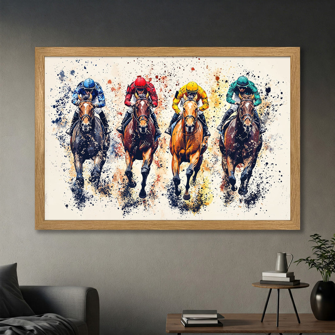 Framed Poster of racehorses in watercolor style, vibrant colors with a neutral background. Perfect wall art for home decor.