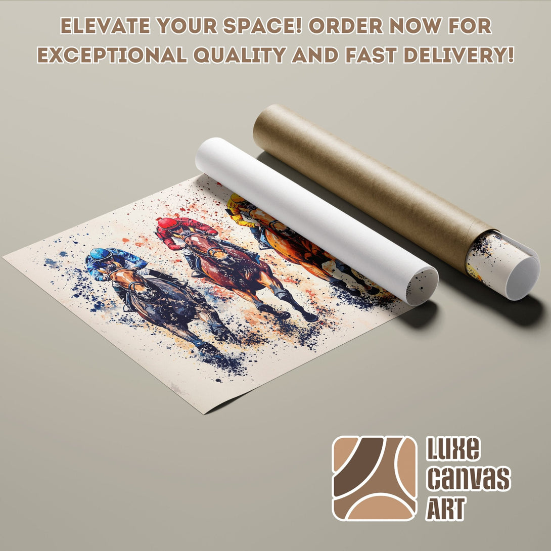Horse racing art poster roll, watercolor style, vibrant colors. Elevate your space!