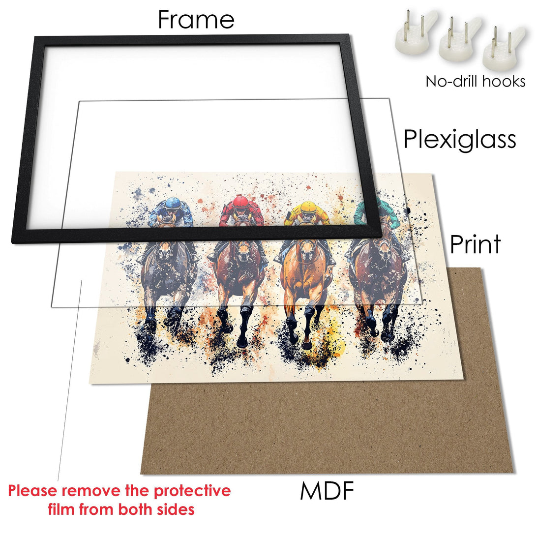 Framed Poster featuring watercolor horses in action, with a neutral and colorful palette. Perfect equestrian decor!