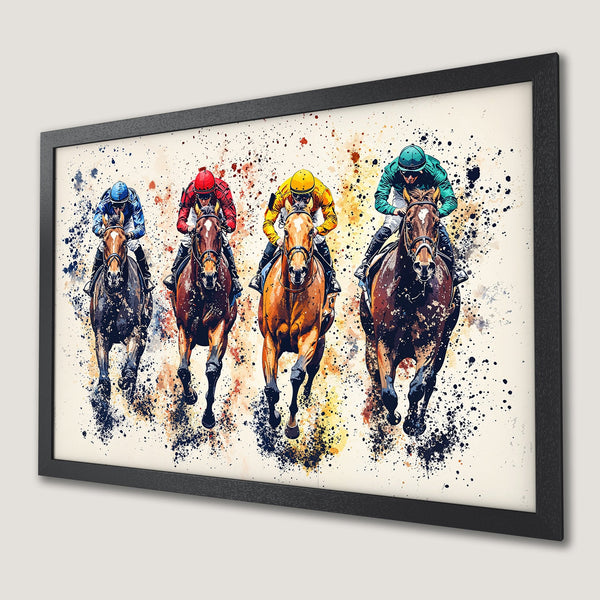Framed Poster of horse racing art. Watercolor style with vibrant colors. Perfect wall decor for sports fans.
