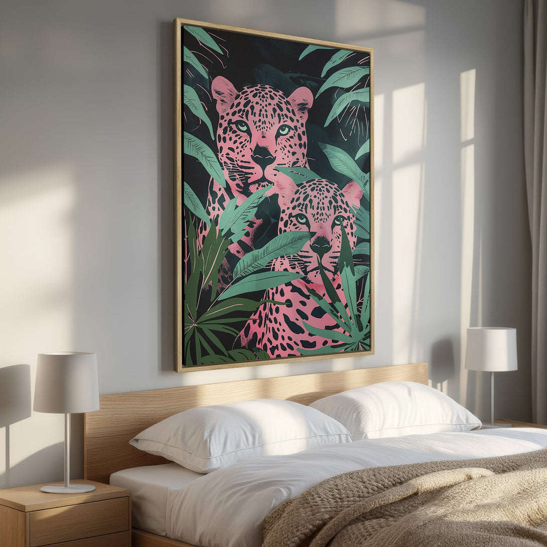 Framed Wall Art featuring a pink leopard in a jungle scene. Modern art with a vibrant pink, green, and black color palette. Perfect bedroom decor.