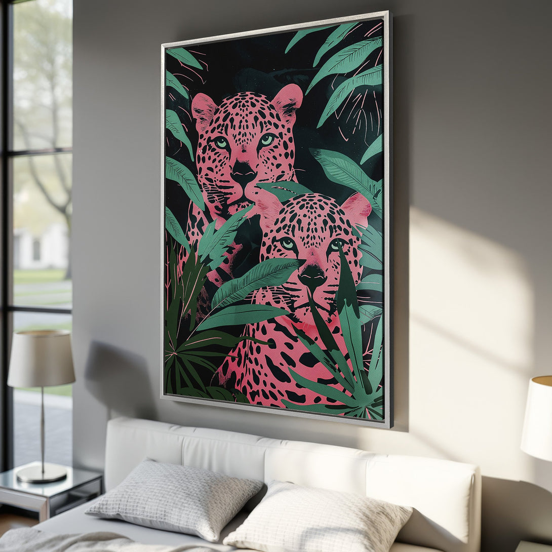 Framed Wall Art featuring a vibrant pink leopard print design. Modern style with a striking black, green, and pink color palette, perfect for adding a bold statement to any room.