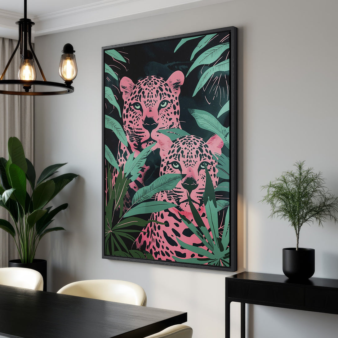 Framed Wall Art featuring a vibrant pink leopard in a jungle scene. Modern, stylish canvas print with a bold pink and green color palette. Perfect for home decor.