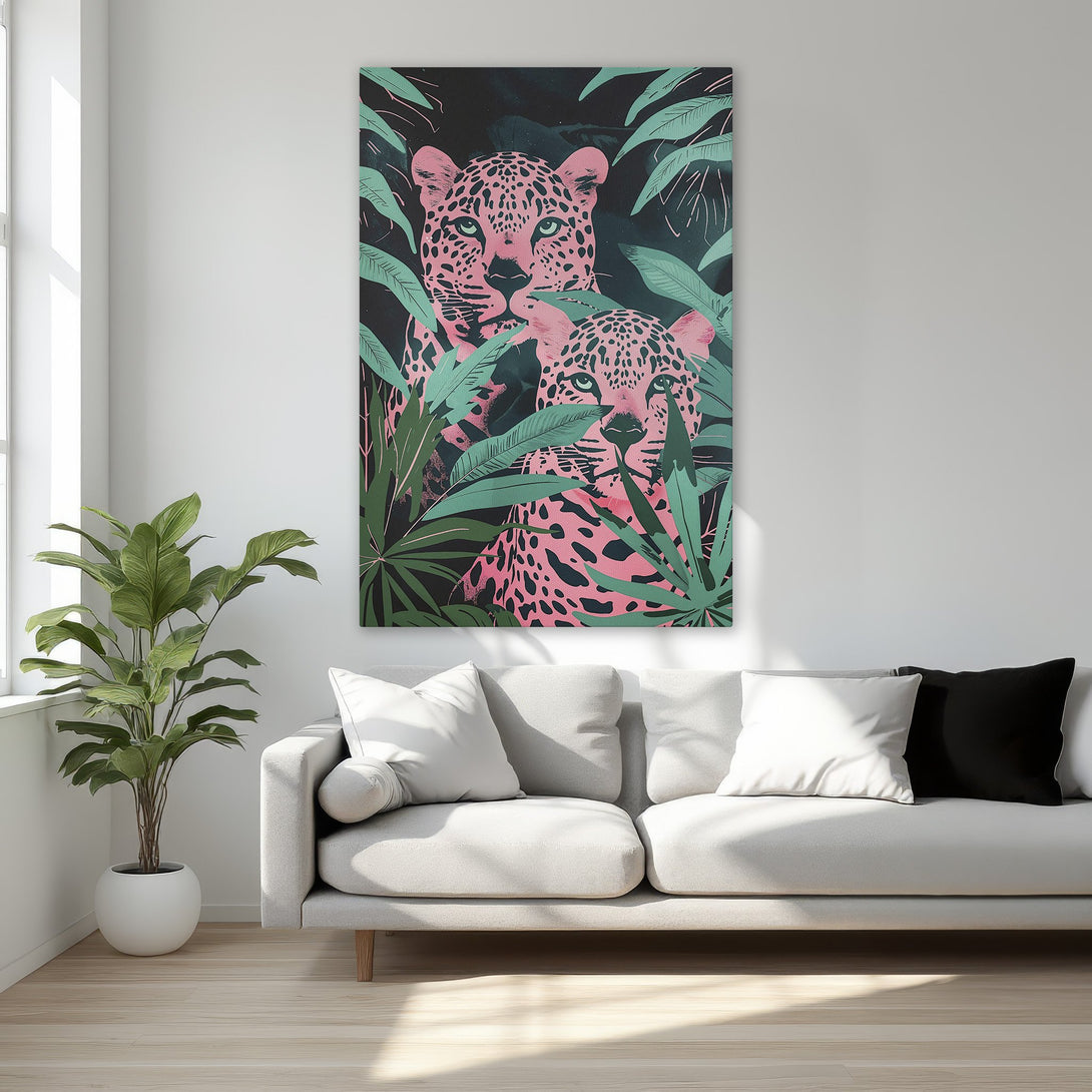 Framed Wall Art: Pink leopard canvas print with tropical leaves, adding a pop of color to any room. Modern style, perfect for bedroom decor.