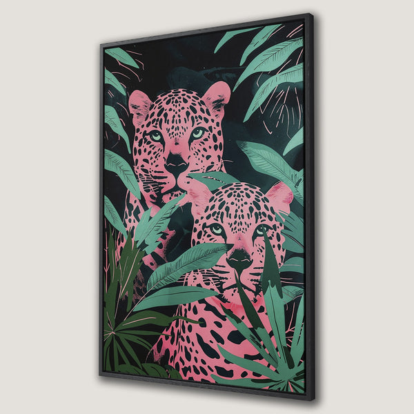 Framed Wall Art featuring a pink leopard print design with teal leaves on a black background. Modern, stylish canvas print for your home decor.
