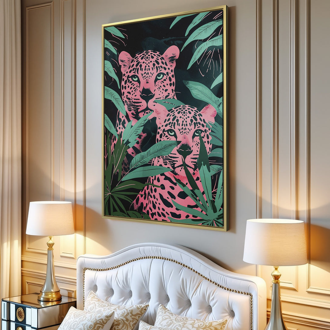 Canvas Print featuring a vibrant pink leopard art print in a modern interior. Tropical style with pink, green, and black color palette.
