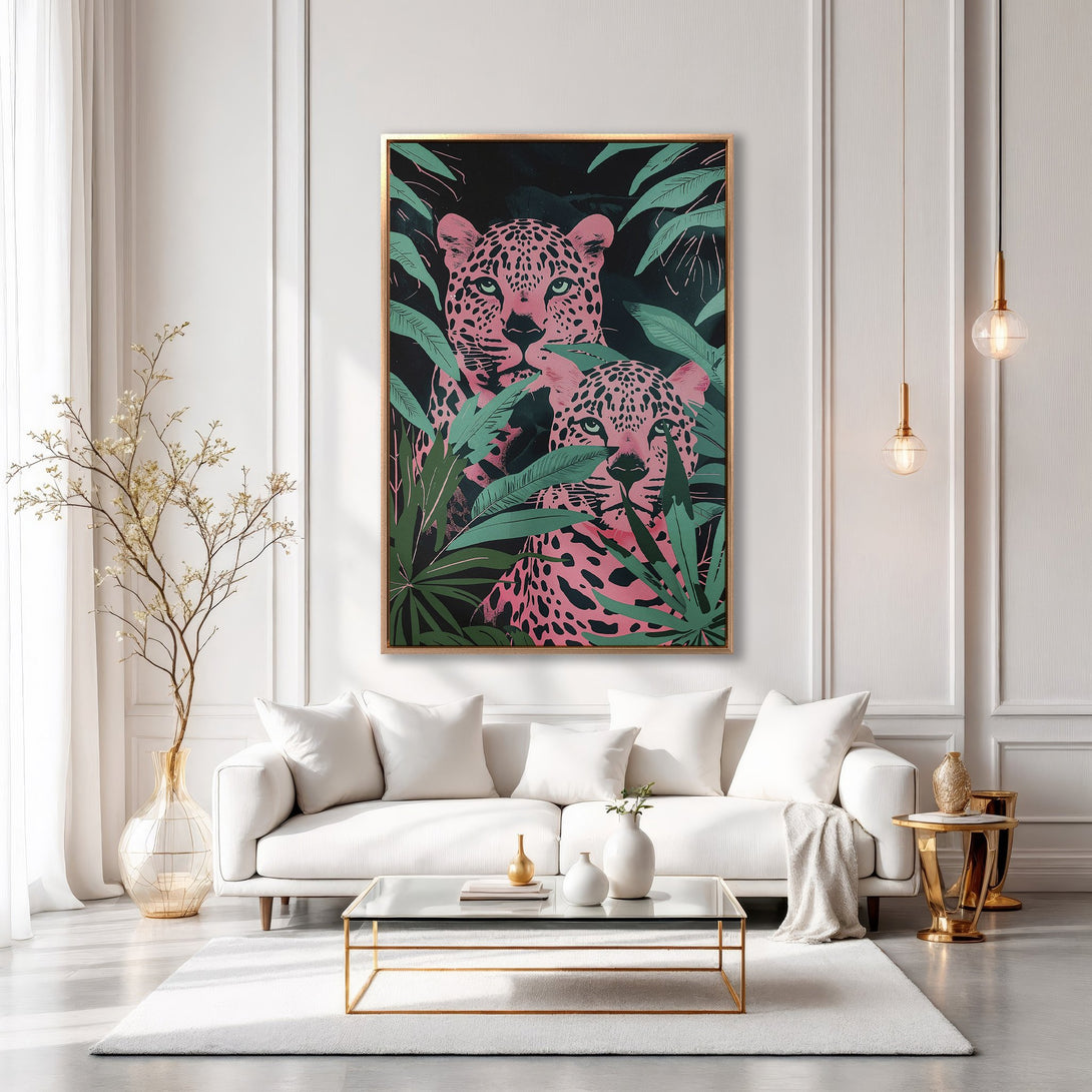Framed Wall Art featuring pink leopard illustration in a modern interior. Bold design with a vibrant pink, green, and black color palette. Elevate your space!