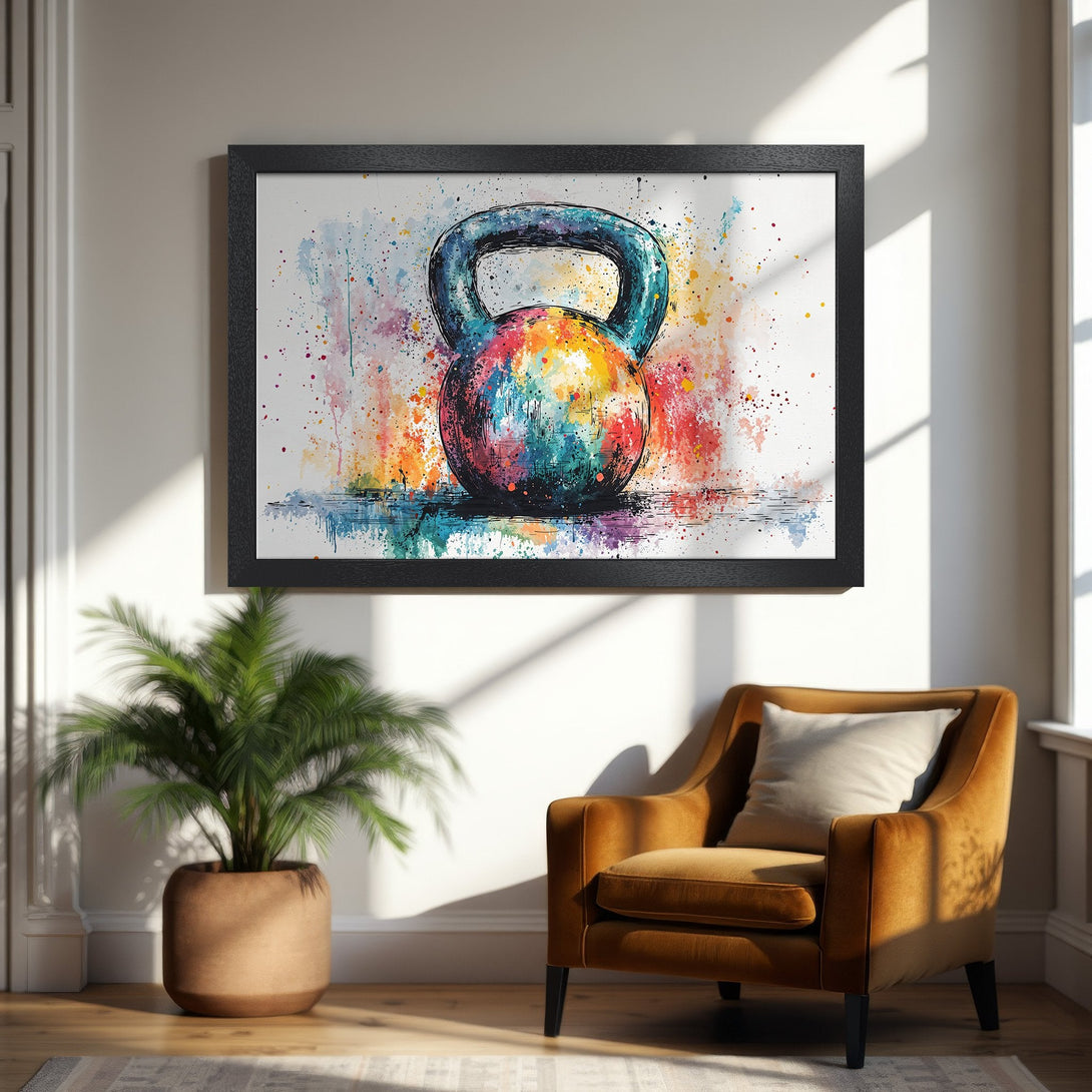 Framed Poster of a colorful watercolor kettlebell. Modern art style with vibrant rainbow hues. Perfect for home gym decor.