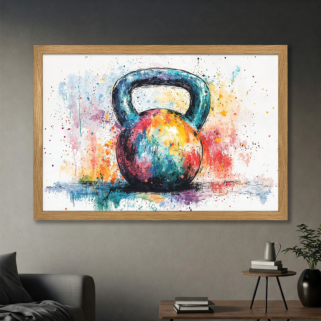 Framed Poster featuring a colorful watercolor kettlebell. Vibrant artwork in a modern style, perfect for home gym decor.