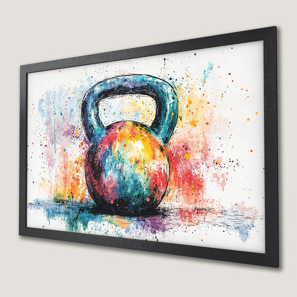 Framed Poster featuring a watercolor kettlebell. Vibrant, colorful artwork in a modern style. Perfect fitness decor.