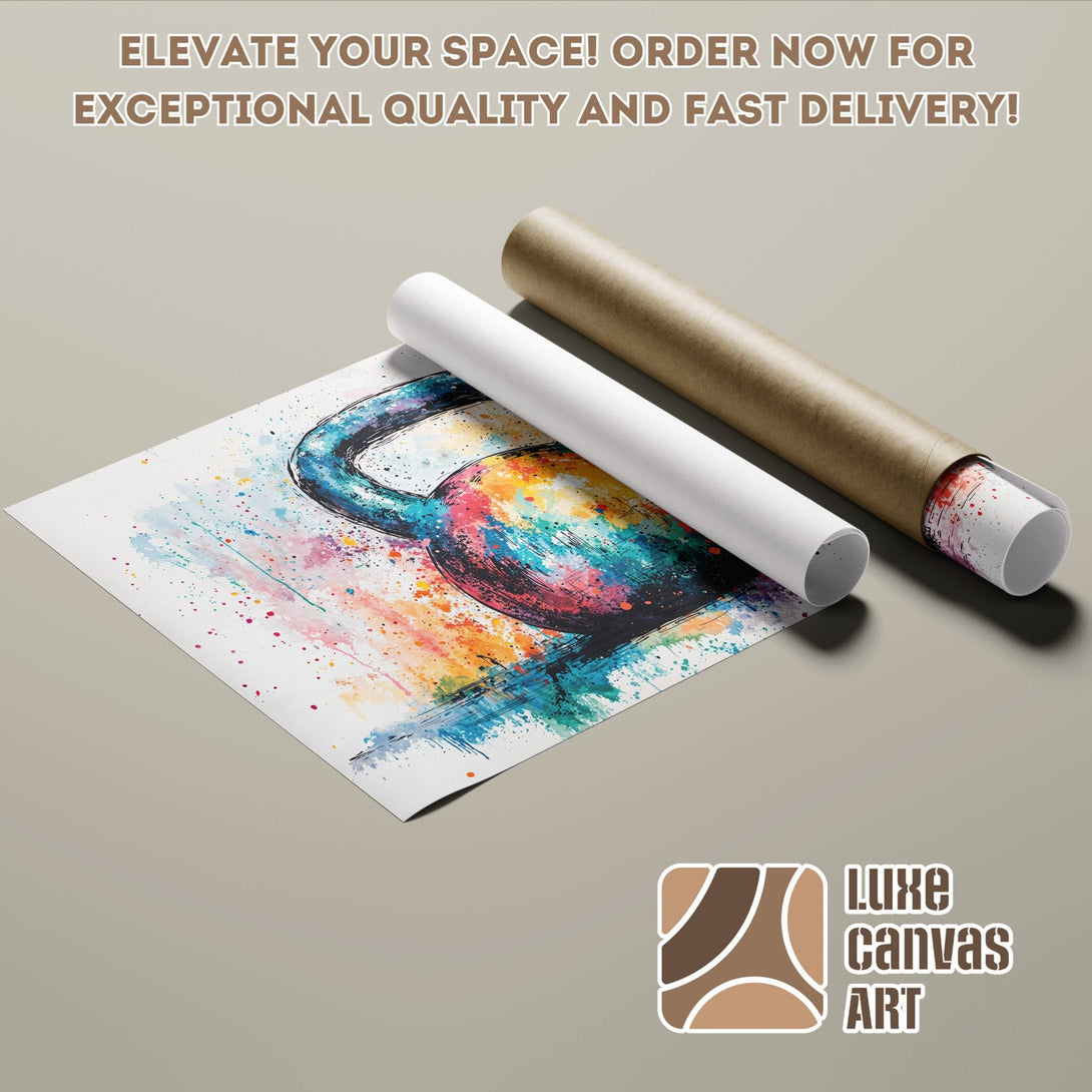 Abstract watercolor kettlebell poster roll, vibrant colors, perfect for home decor.