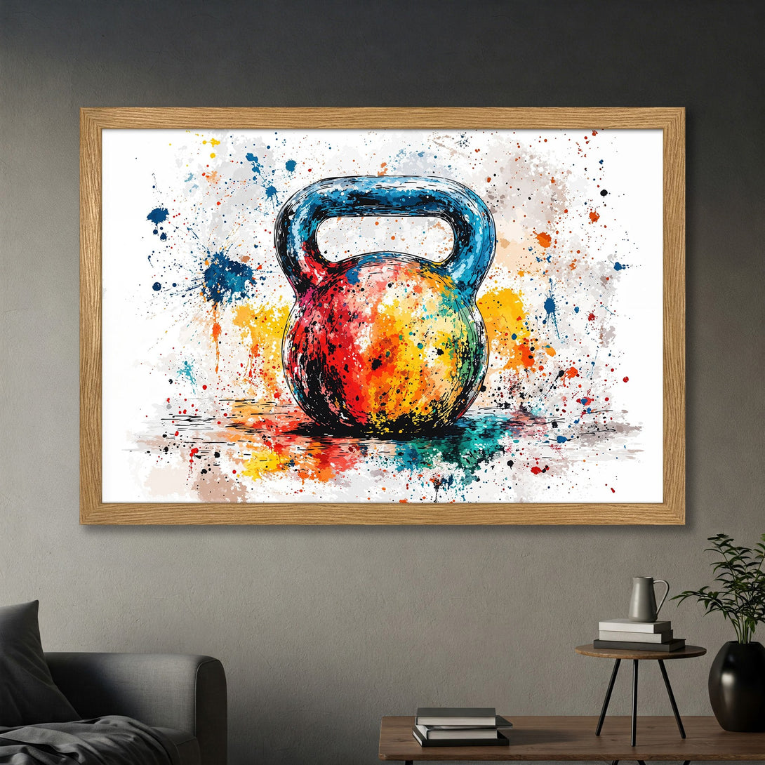 Framed Poster featuring a colorful, watercolor-style kettlebell. Vibrant abstract art with a rainbow color palette, perfect for fitness enthusiasts.