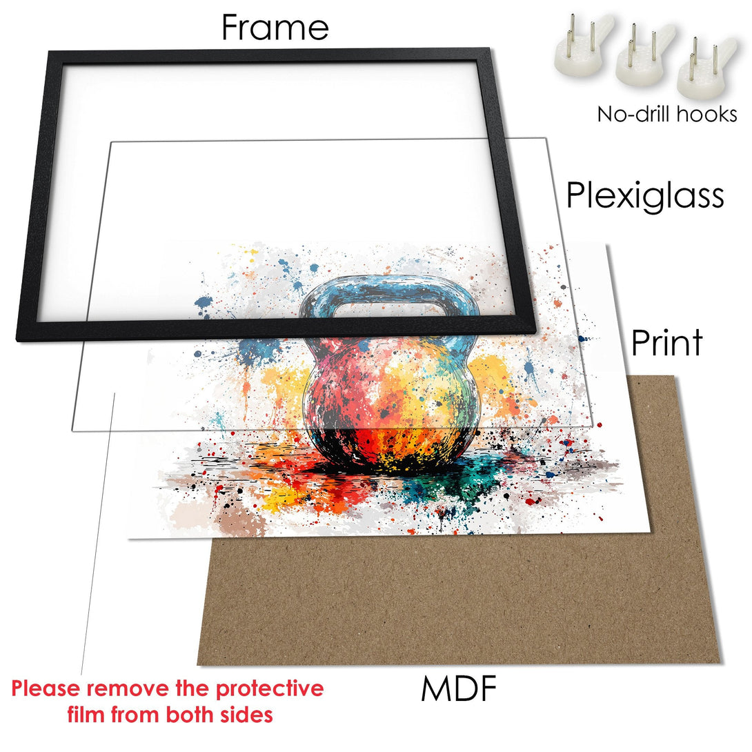 Framed Poster of a colorful watercolor kettlebell. Modern art print with vibrant hues. Perfect for your home gym!