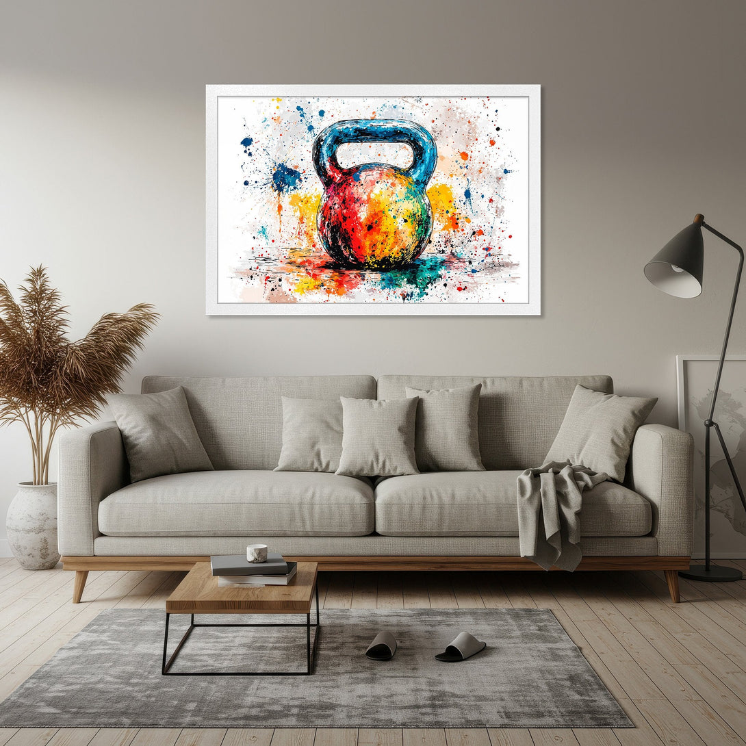 Framed Poster featuring a colorful, abstract watercolor kettlebell. Vibrant hues of blue, red, and yellow. Perfect fitness art!