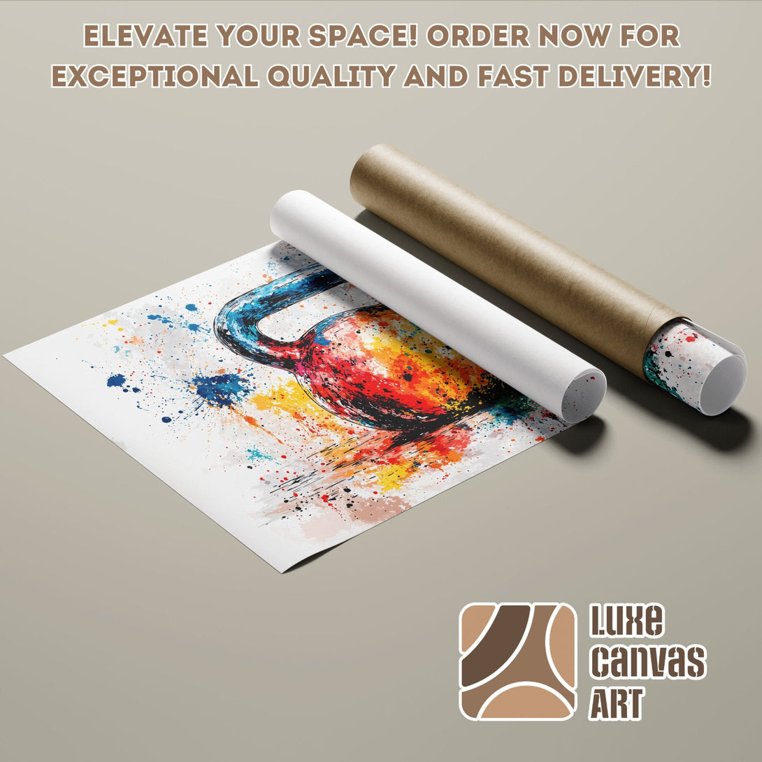 Kettlebell Poster Roll, abstract art with vibrant colors. Elevate your space with Luxe Canvas Art!