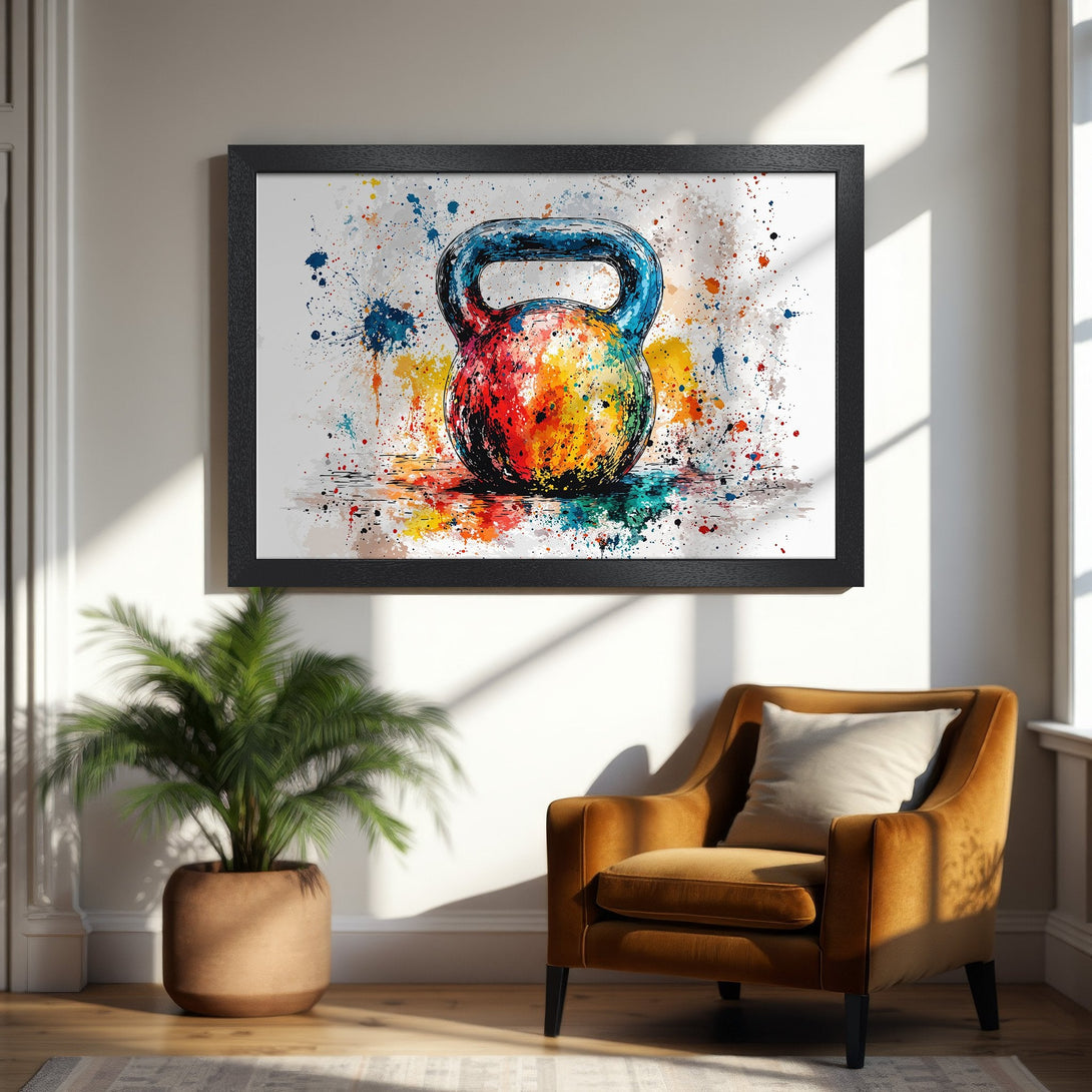 Framed Poster featuring a vibrant watercolor kettlebell, colorful abstract art. Perfect gym decor.