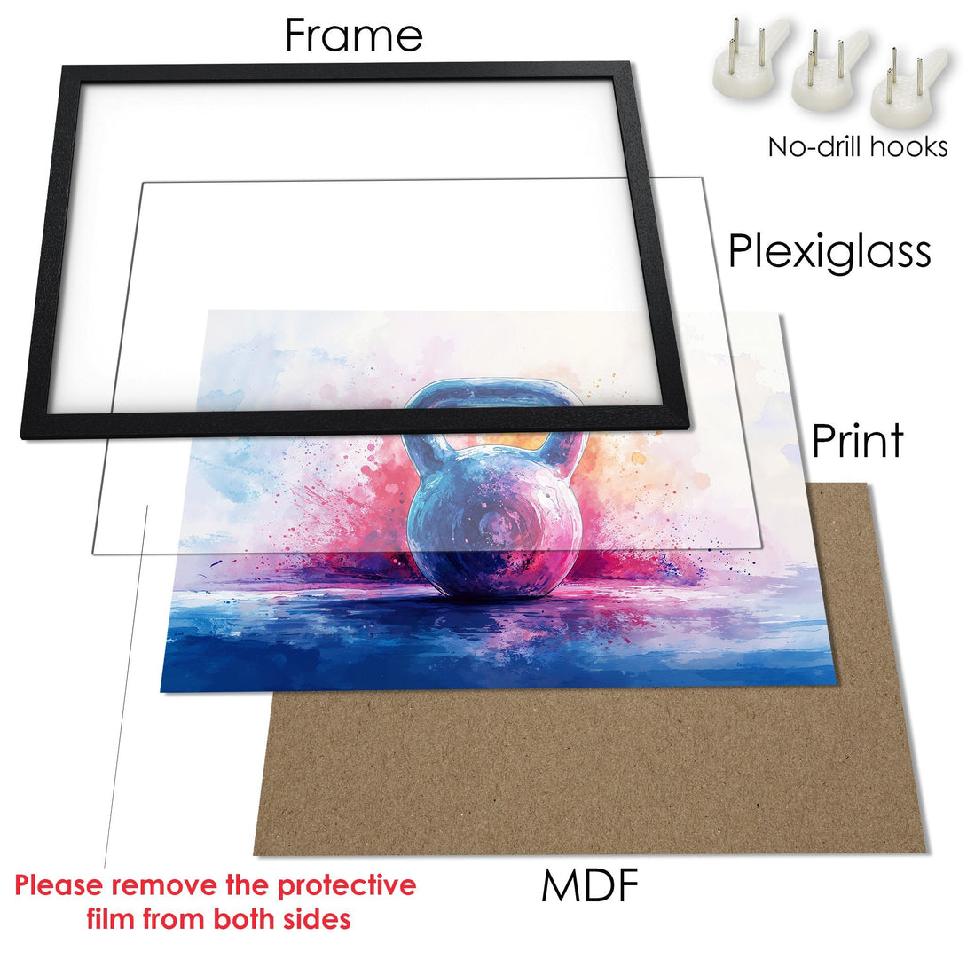 Framed Poster featuring a watercolor kettlebell in vibrant pink & blue hues. Perfect fitness decor for your home gym!