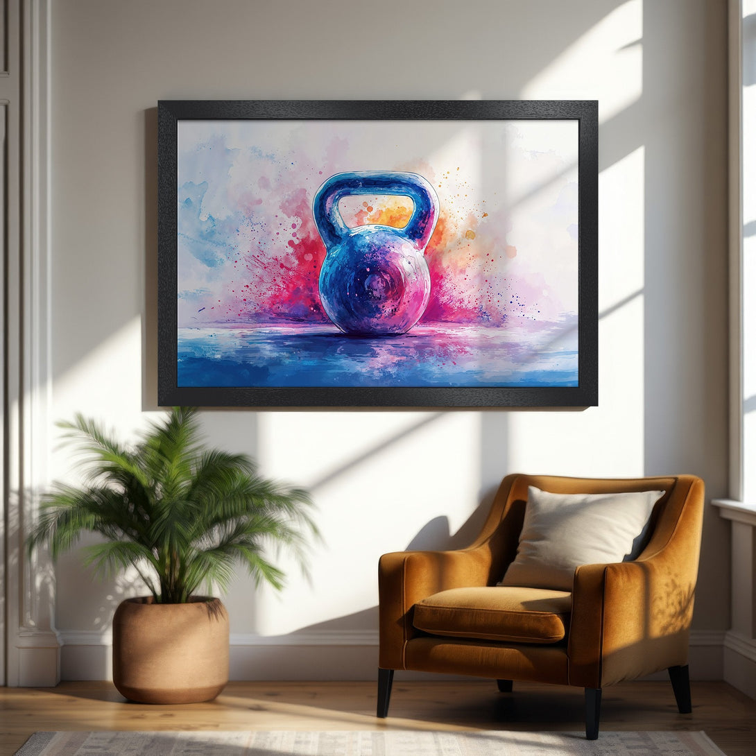 Framed Poster featuring a watercolor kettlebell in blue, pink, and red hues. Stylish fitness art for your home gym.