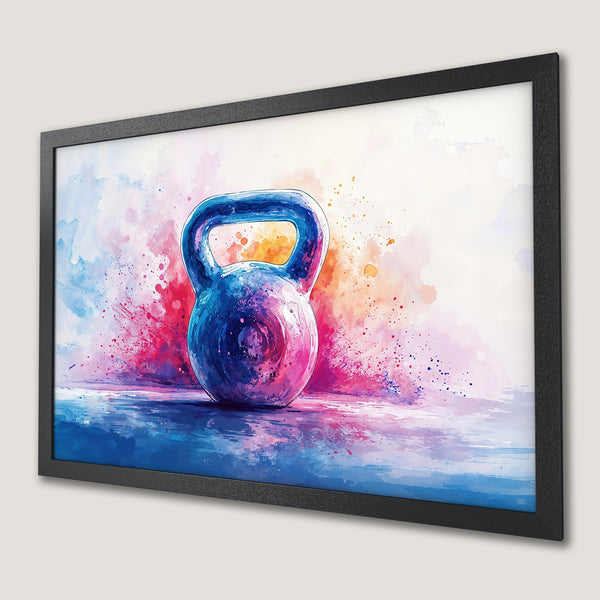 Framed Poster featuring a watercolor kettlebell in vibrant blue, pink, and orange tones. Perfect fitness wall art!