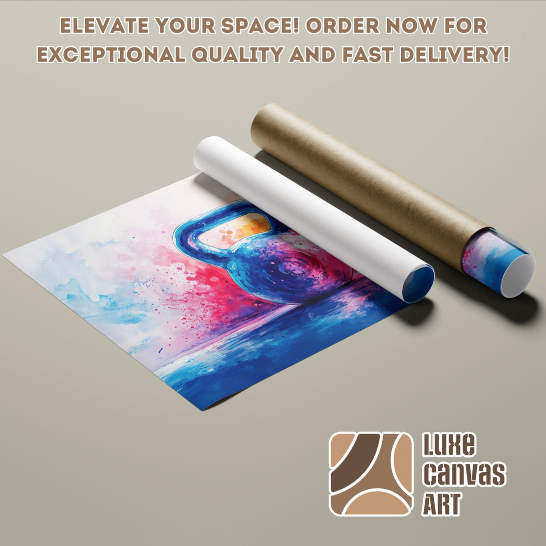 Abstract watercolor kettlebell poster roll in blue, pink, and white. Elevate your space!