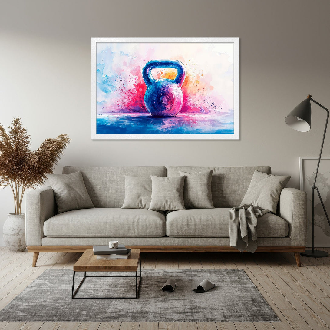 Framed Poster featuring a watercolor kettlebell in vibrant blues, pinks, and purples. Perfect fitness art for home decor.