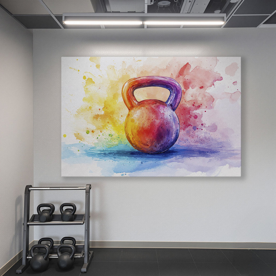 Framed Wall Art: Watercolor kettlebell print with vibrant rainbow hues. Perfect gym decor! Adds a pop of color to any workout space.